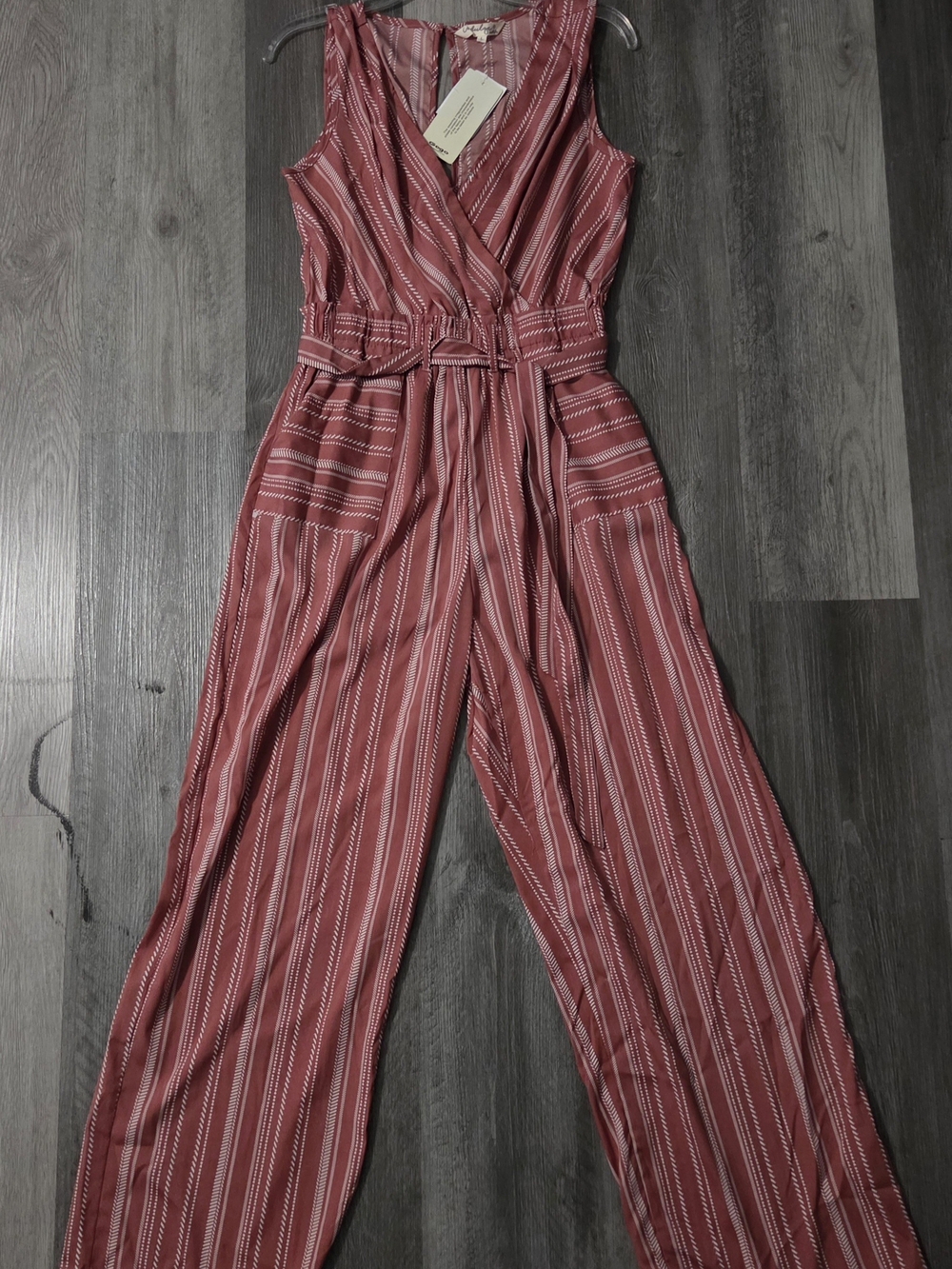 indulge Mauve-Red Striped Sleeveless Belted Jumpsuit
